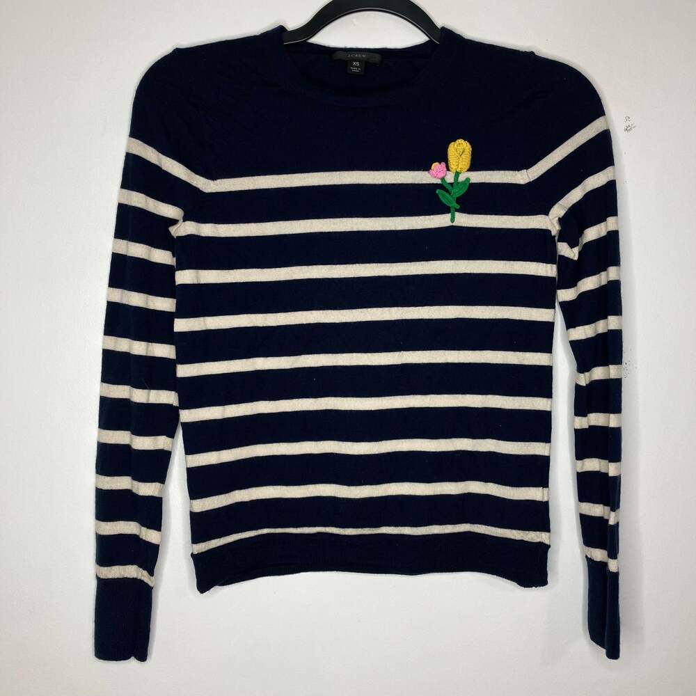 J. Crew Navy Blue Stripe 100% Merino Wool Crew Neck Sweater XS
